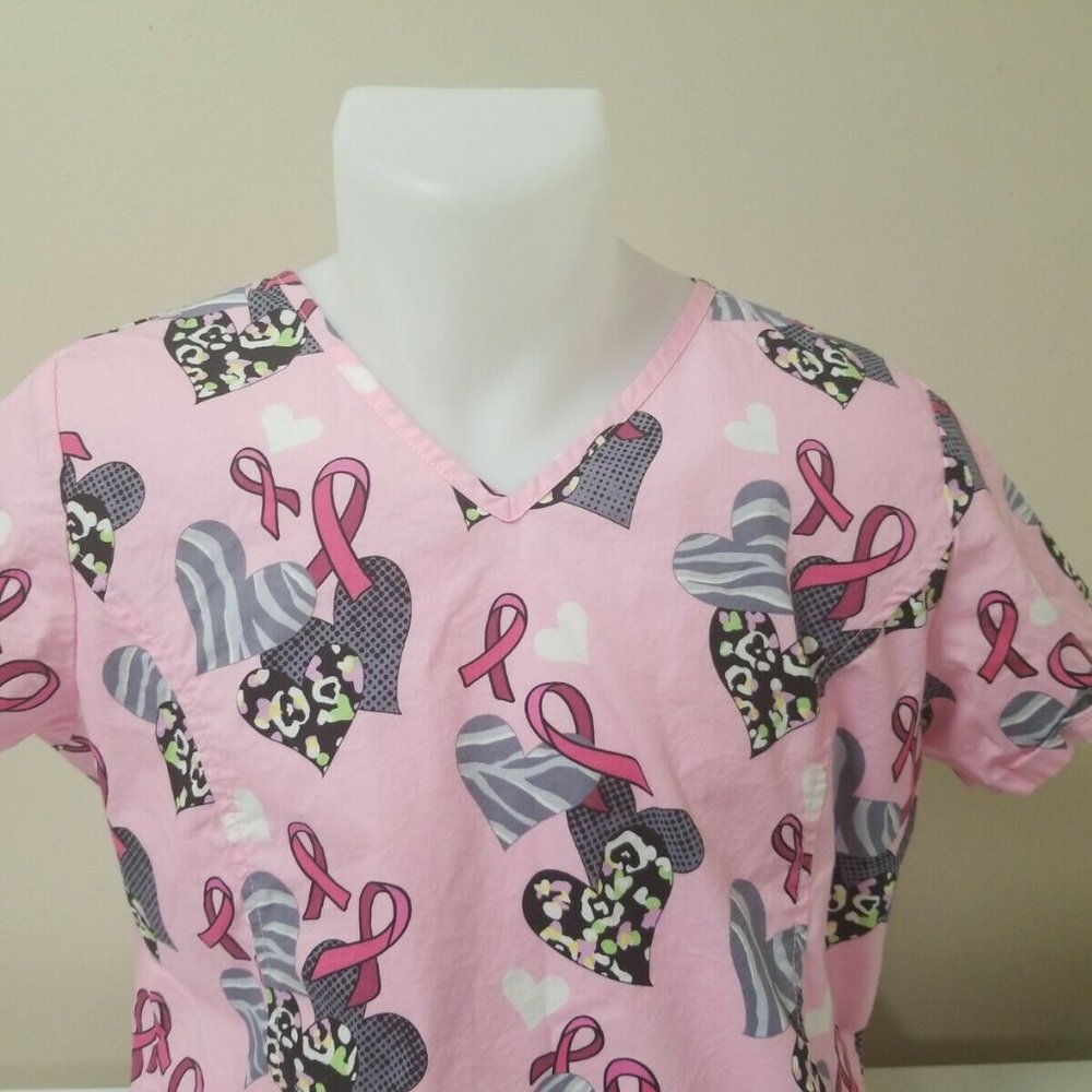 Scrub Top Nurse Breast Cancer Ribbon Vet Tech Sz M